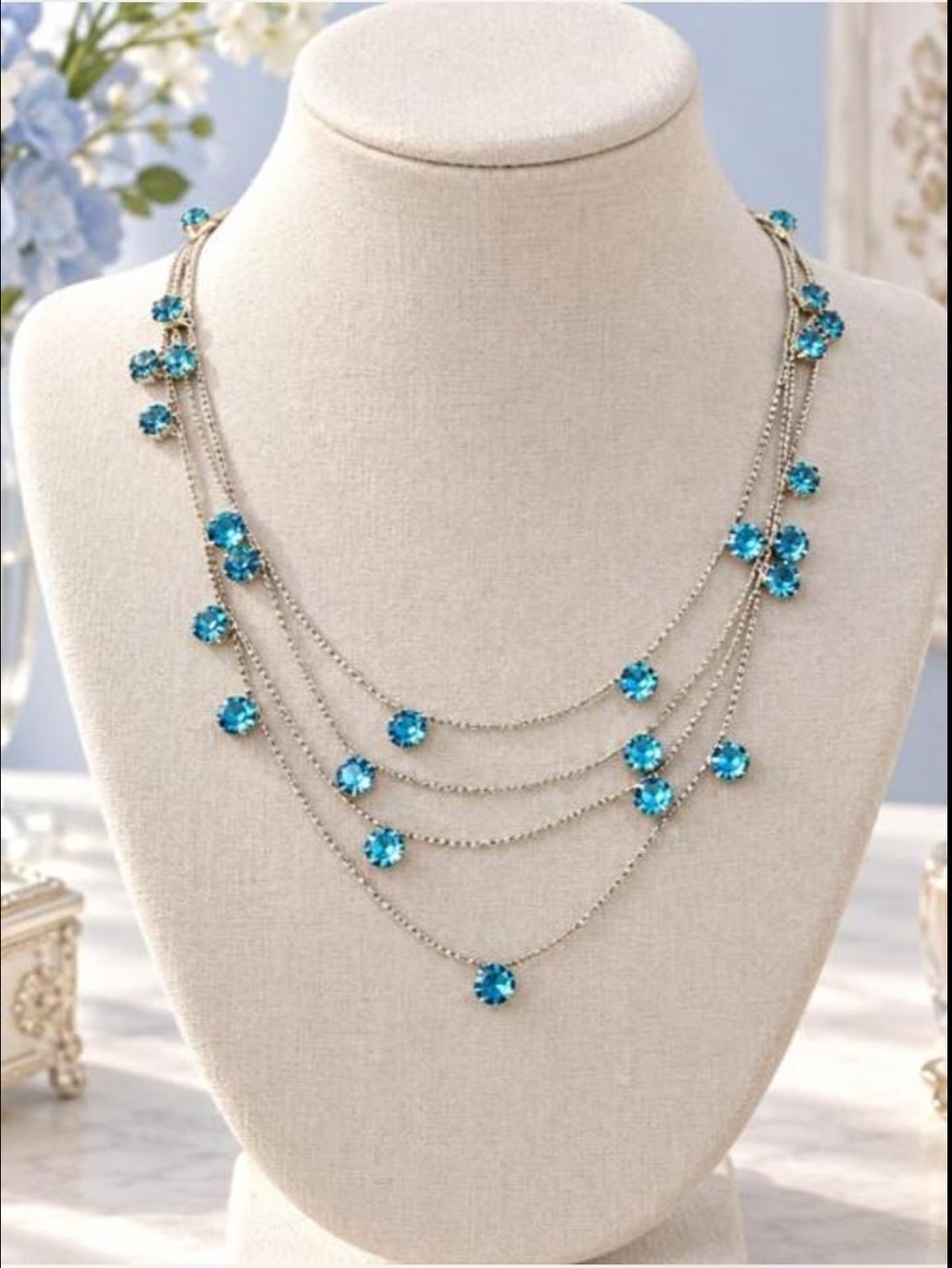 Multi-Strand Blue Crystal Pendant Necklace for Women